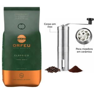Café em Grãos Orfeu Clássico 1kg Torra Média 100% Arábica + Moedor De Café Manual Inox